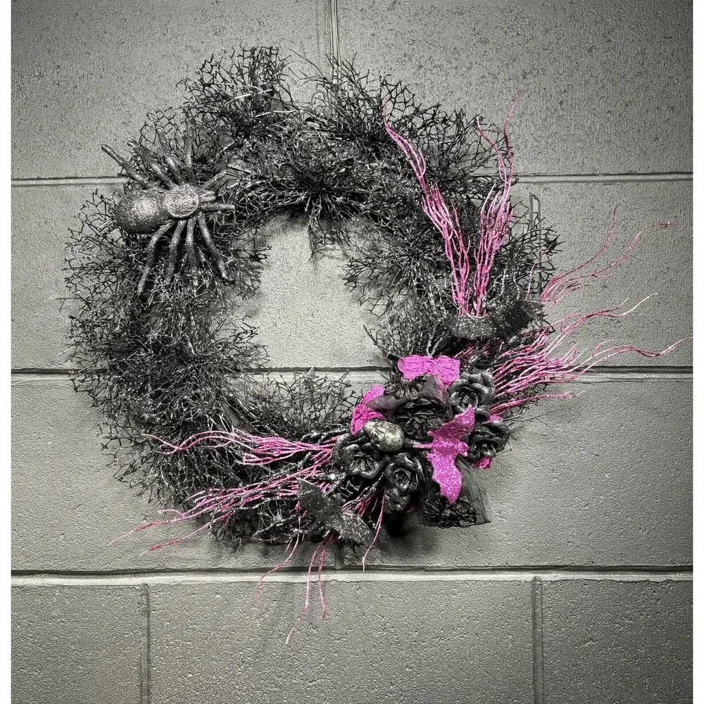 Halloween Wreath Black Purple Spiders Skulls Front Door Decor Handmade 20 Inch